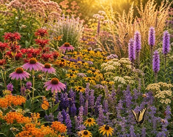 Progetto per giardino per impollinatori, guida alla piantumazione amica di api, farfalle e colibrì, schema per bordura di fiori nettariferi, giardino per la fauna selvatica (PDF stampabile)