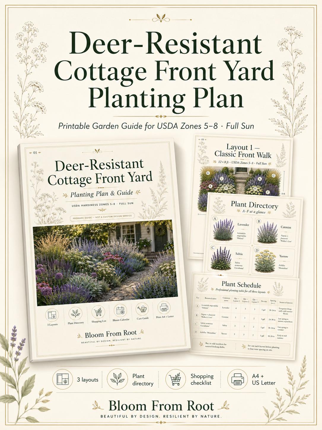Deer Resistant Garden Plan, Full Sun Cottage Front Yard Planting Guide ...