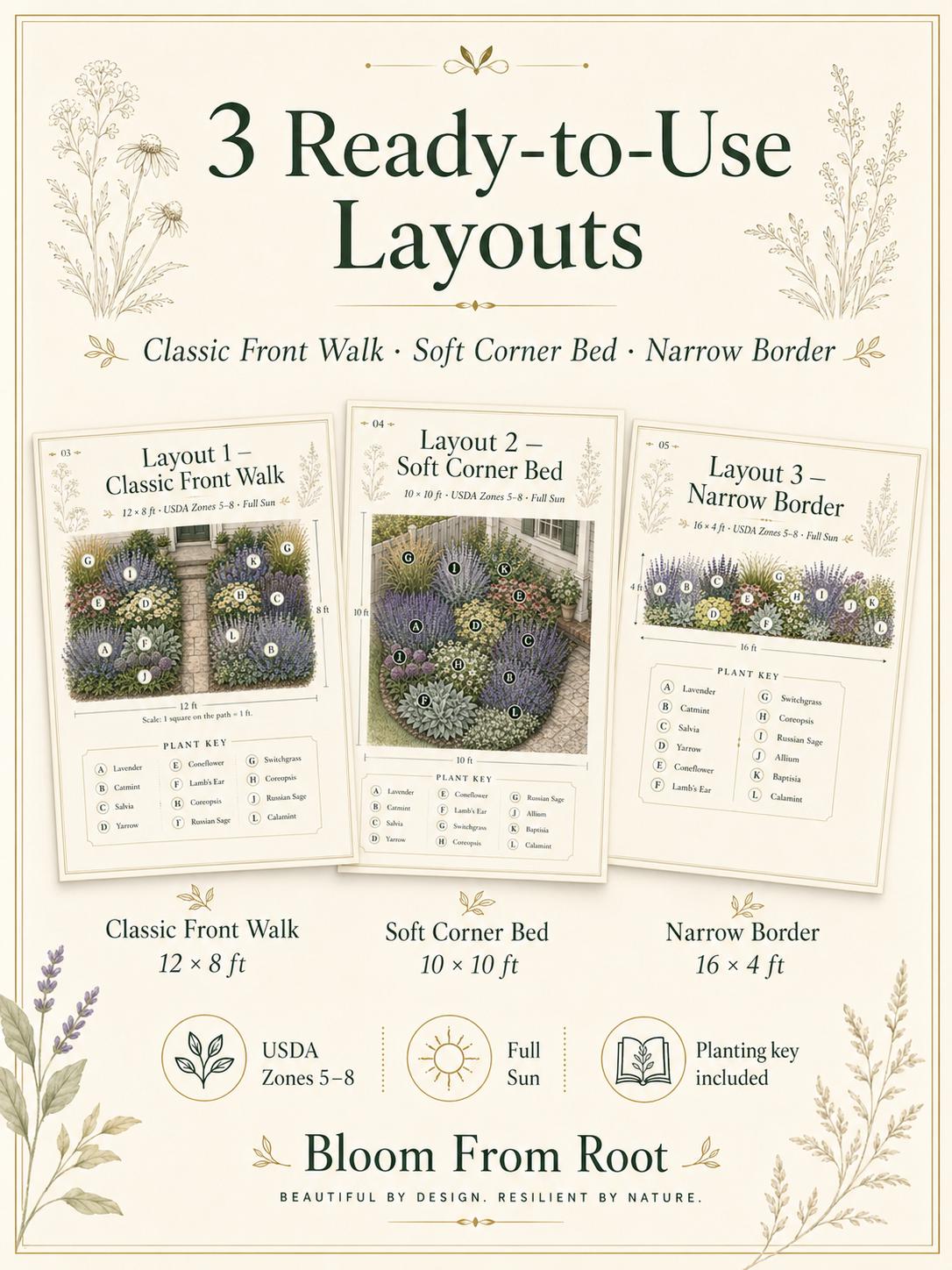 Deer Resistant Garden Plan, Full Sun Cottage Front Yard Planting Guide ...