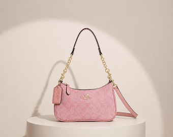 Roze canvas schoudertas | Portemonnee met kleine ketting voor dames