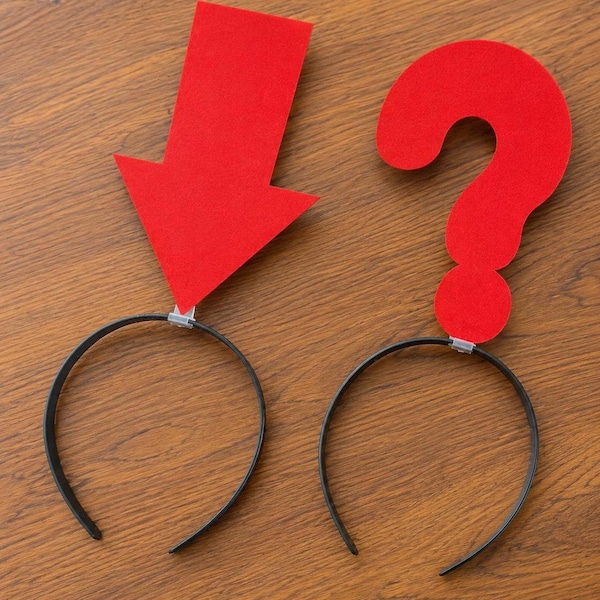 Bandeau drôle avec flèches et point d'interrogation, cerceau viral pour cheveux de fête, accessoire photo rouge, accessoire de costume de festival, cadeau amusant pour amis