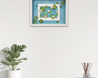 Originale Kunst, Seerosen Blumen, Gerahmtes Wandbild Aquarellpapier, 23x31cm