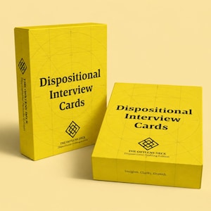 May include: Two yellow boxes of "Dispositional Interview Cards" are displayed against a yellow background. The boxes have black text and a geometric logo. The text on the boxes includes "THE ORYLENS DECK" and "Insights, Clarity, Growth."
