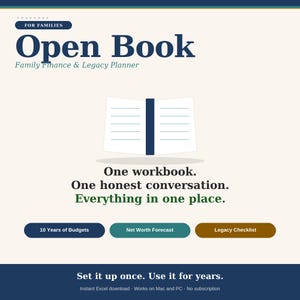 May include: A graphic for a family finance and legacy planner titled "Open Book." The design features an open book illustration, with text including "One workbook. One honest conversation. Everything in one place."