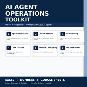 Peut inclure: Un outil numérique intitulé "AI Agent Operations Toolkit" sur fond bleu foncé. Il comprend des sections pour l'inventaire des agents, les listes de contrôle quotidiennes, les journaux d'incidents, les suivis des coûts, les journaux de modifications des invites et les tableaux de bord KPI. Compatible avec Excel, Numbers et Google Sheets.