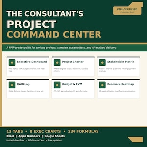 Könnte beinhalten: Eine grün-goldene Grafik, die "The Consultant's Project Command Center" bewirbt. Das Toolkit umfasst ein Executive Dashboard, Project Charter, Stakeholder Matrix, RAID Log, Budget & EVM und Resource Heatmap. Es bietet 13 Tabs, 8 Exec Charts und 234 Formeln.