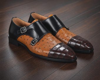 Luxe herenschoenen met dubbele gemonnikt bandjes – Handgemaakte exotische leren geklede schoenen, elegante bruiloftskleding