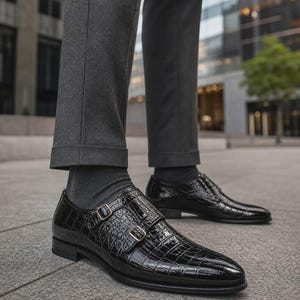 Puede incluir: Un par de zapatos de doble hebilla en color negro con una textura brillante de relieve de cocodrilo, con dos hebillas met&aacute;licas en el lateral, usados con pantalones gris oscuro y calcetines a juego, con punta afilada y tac&oacute;n bajo.