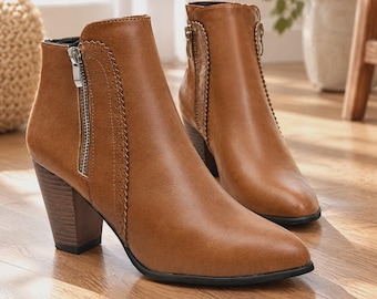 Retro Ankle Boots for Ladies, Round Toe Square Heel Zip Boots, Casual Everyday Shoes
