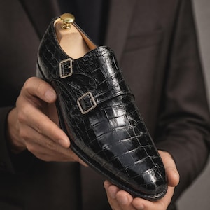 Black crocodile embossed monk strap shoes for men, luxury handmade leather formal shoes with double buckle, elegant business and wedding footwear by Royal Shoez