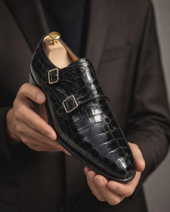 Men’s Crocodile Pattern Monk Strap Shoes – Handmade Black Leather Formal Shoes, Business & Wedding Style