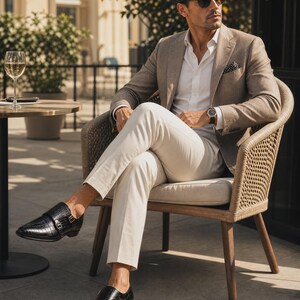 Puede incluir: Un blazer color canela, camisa blanca de botones, pantalones blancos y zapatos de doble hebilla en cuero negro con textura de cocodrilo. El conjunto incluye un pa&ntilde;uelo de bolsillo oscuro con lunares blancos, reloj y gafas de sol oscuras.
