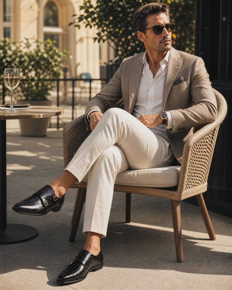 Puede incluir: Un blazer color canela, camisa blanca de botones, pantalones blancos y zapatos de doble hebilla en cuero negro con textura de cocodrilo. El conjunto incluye un pa&ntilde;uelo de bolsillo oscuro con lunares blancos, reloj y gafas de sol oscuras.