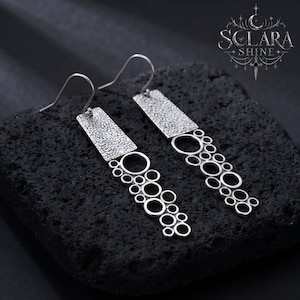 Bubble Cascade Dangle Earrings for Women, Silver Textured Rectangle and Circle Drop, Vintage Artisan Statement, Geometric Boho, Unique Gift