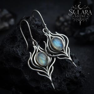 Moonstone Dangle Earrings for Women, Silver Carved Flame Peacock Feather Drop Earrings, Artisan Fantasy, Witch Core Boho, Unique Gothic Gift