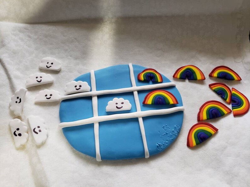 Polymer Clay Tic Tac Toe Board Game With Rainbows & Clouds Etsy