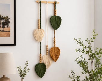 Bohemian Cotton Rope Leaf Wall Hanging with Wooden Beads | Macrame Tassel Boho Decor