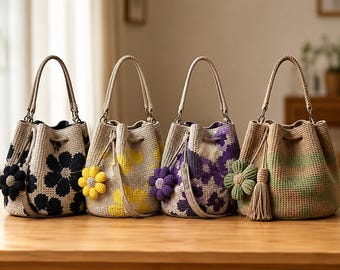 Crochet Flower Bucket Bag, Handmade Boho Tote, Floral Shoulder Handbag, Summer Beach Purse