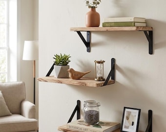 Wood Floating Shelves: Rustic Wall Mounted Storage Set for Living Room, Kitchen, Bathroom