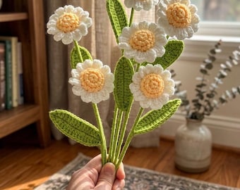 Crochet Daisy Flowers, 15 Piece  Handmade Yarn Artificial Plants, Room Table Decoration