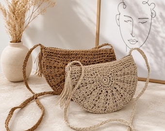Woven Rattan Half Moon Bag, Handmade Summer Handbag, Boho Crossbody Purse for Vacation