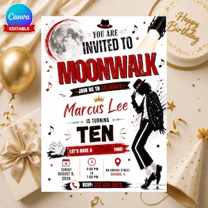 May include: A birthday invitation flyer featuring a moon graphic, a silhouette of a dancer in a fedora and sequined jacket, and red text reading "YOU ARE INVITED TO MOONWALK" and "Marcus Lee is turning TEN" with event details and musical notes.