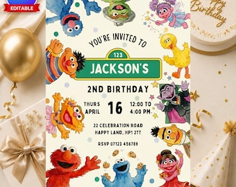 Sesame Street Birthday Invitation Template, Editable Kids Party Invite, Elmo Printable, Digital Canva Download