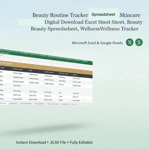 Feuille de calcul pour le suivi de votre routine beauté | Modèle de journal de soins de la peau, Excel et Google Sheets - Téléchargement numérique