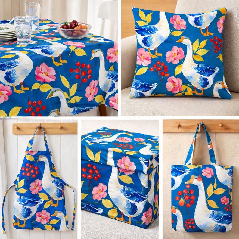 Watercolor Goose Floral Seamless Pattern – Blue Background Textile ...