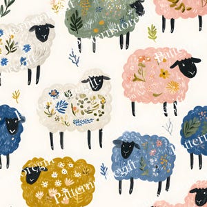 May include: A repeating pattern featuring stylized sheep with black faces and legs on a cream background. The sheep have textured wool in various colors including white, sage green, pink, mustard yellow, and blue, decorated with floral motifs.