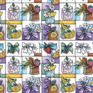 Op de afbeelding: Een herhalend patroon met geïllustreerde vierkanten met diverse motieven, waaronder glazen met ijshoudende dranken en schijfjes citroen, witte madeliefjes, rode aardbeien en decoratieve paarse of blauwe strikken, allemaal weergegeven met zwarte omlijningen.