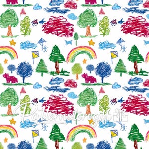 May include: A whimsical, hand-drawn pattern on a white background. The design features colorful trees, rainbows, clouds, kites, stars, and animal figures in shades of green, blue, red, and yellow. The overall theme is playful and childlike.