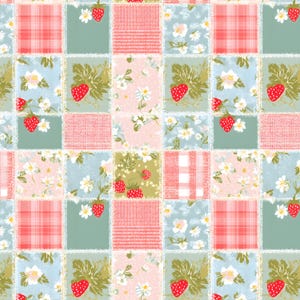 Könnte beinhalten: Ein Patchwork-Stoffmuster mit abwechselnden Quadraten aus rot-weißem Karomuster, hellblau mit Erdbeer- und weißen Blumenillustrationen sowie zartrosa mit kleinen weißen Blumenmotiven, jeweils umrandet von einer feinen, spitzenartigen Borte.