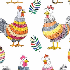 Pode incluir: Um padrão extravagante com galinhas de desenho animado usando suéteres de várias cores. As galinhas têm olhos expressivos e estão em um fundo branco. Ilustrações de folhas coloridas também estão incluídas.