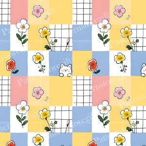 Può includere: Un motivo ripetitivo caratterizzato da una griglia di quadrati in giallo pastello, azzurro e rosa tenue, intervallati da quadrati bianchi contenenti illustrazioni disegnate a mano di piccoli fiori, linee nere a griglia e un coniglio bianco dei cartoni.