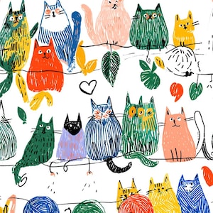May include: A repeating pattern featuring stylized cats in various colors including orange, blue, green, yellow, and pink. The cats are depicted with simple line work and are interspersed with small green leaves, a heart, and yarn balls.