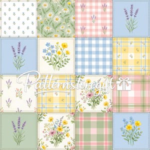 May include: A patchwork design featuring floral and plaid patterns in pastel colors. The squares include lavender, daisies, and other wildflowers. The text "Patternstoregift" is visible in a cursive font.