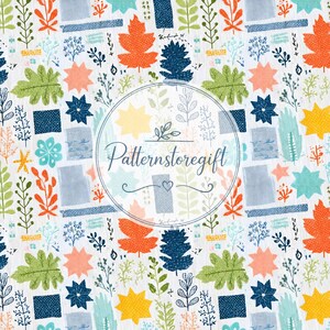 Peut inclure: Un motif répétitif composé de feuilles, de branches et de formes géométriques orange, jaunes, vertes et bleu foncé sur fond blanc. Un cadre circulaire au centre contient le texte Patternstoregift avec une petite icône de feuille et de cœur.