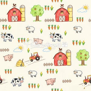 Pode incluir: Um padrão caprichoso com tema de fazenda desenhado à mão, apresentando celeiros vermelhos, silos amarelos, árvores verdes com maçãs e vários animais de fazenda. Cenouras, milho e tratores também estão incluídos.