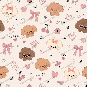 May include: A repeating pattern on a light beige background featuring illustrations of brown and cream-colored poodles, pink bows, hearts, cherries, and stars. The text "cutie", "love", and "xoxo" is interspersed among the various graphic elements.
