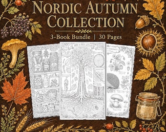 May include: A digital 3-book bundle titled Nordic Autumn Collection featuring 30 pages of black and white line art illustrations. The cover displays botanical autumn elements like leaves, berries, acorns, and mushrooms surrounding three book pages.