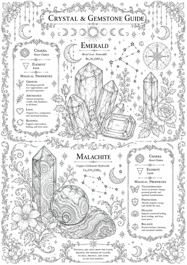 May include: A black and white line art print titled Crystal & Gemstone Guide featuring detailed illustrations of emerald and malachite crystals, floral accents, moon phases, and text describing their properties, chakras, and elements.