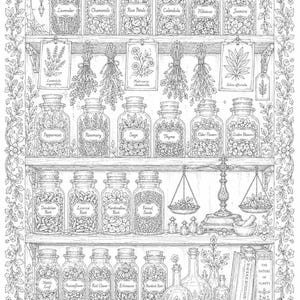 May include: A black and white line art illustration of a wooden apothecary shelf filled with labeled glass jars containing various dried herbs, flowers, and roots. The scene includes hanging botanical bundles, a balance scale, and books.