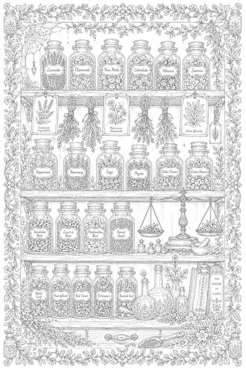 May include: A black and white line art illustration of a wooden apothecary shelf filled with labeled glass jars containing various dried herbs, flowers, and roots. The scene includes hanging botanical bundles, a balance scale, and books.