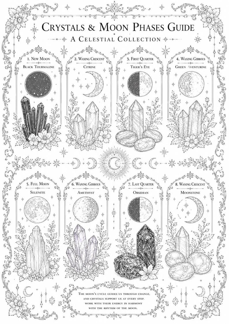 May include: A black and white illustrated guide titled Crystals & Moon Phases Guide: A Celestial Collection. It features eight arched panels depicting moon phases paired with specific crystals like Black Tourmaline, Citrine, and Amethyst.