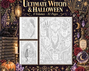 May include: A digital coloring book set titled Ultimate Witchy & Halloween featuring 8 volumes and 81 pages. The cover displays a black cat, stacked books, a pumpkin, roses, crystals, and tarot cards surrounding detailed botanical line art pages.