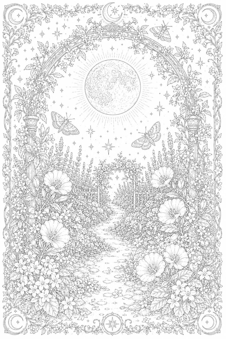 May include: A black and white line art illustration featuring a garden path leading through a floral archway under a large moon. The scene includes blooming flowers, foliage, two butterflies, and stars, all framed by an ornate decorative border.