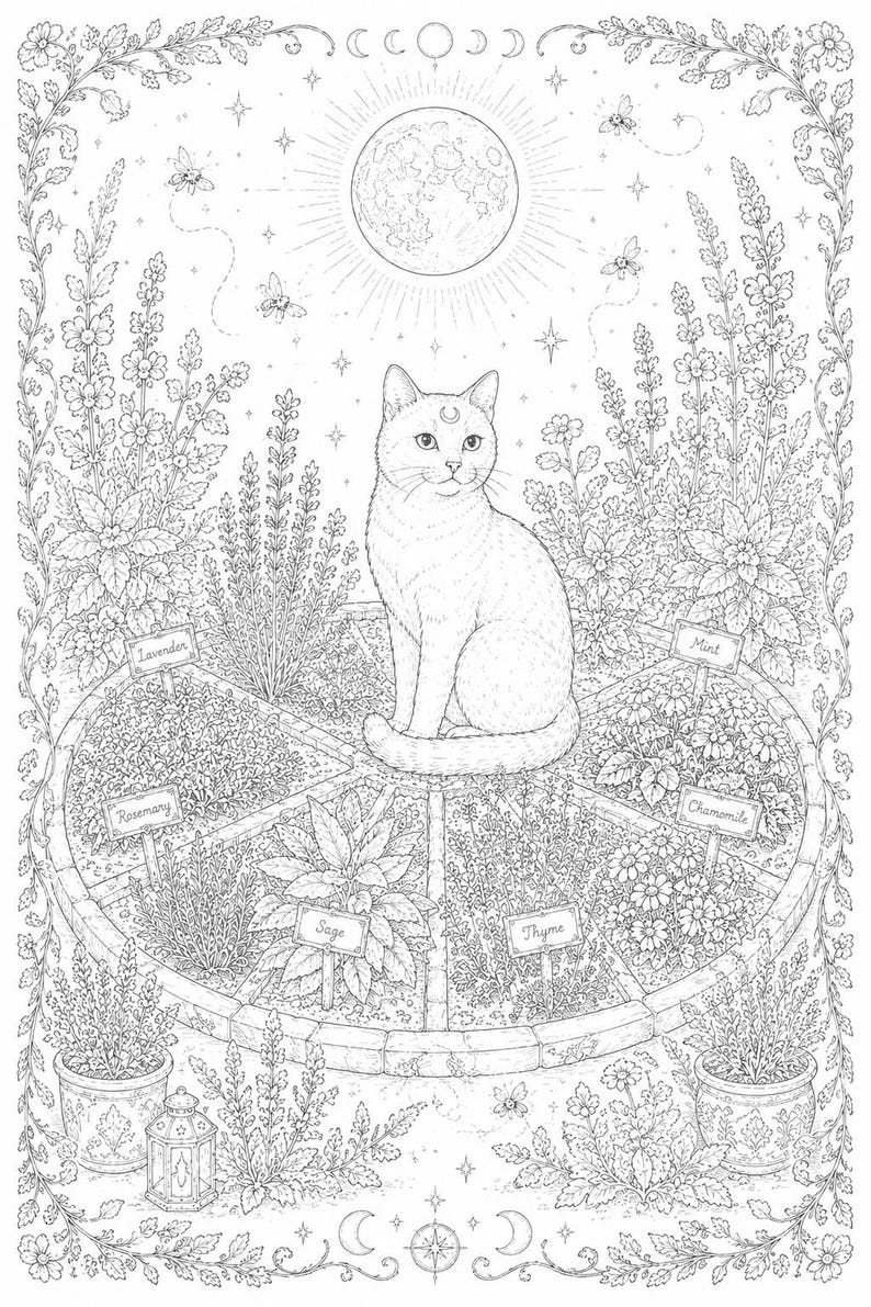 May include: A black and white line art illustration featuring a cat sitting in the center of a circular herb garden. The garden is divided into sections labeled Lavender, Mint, Rosemary, Chamomile, Sage, and Thyme. A full moon and stars appear above.