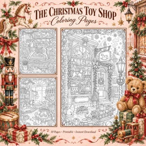 Könnte beinhalten: The Christmas Toy Shop Coloring Pages zeigt drei schwarz-weiße Strichzeichnungen eines Spielzeugladens von innen und außen. Die Seiten sind von festlichen Weihnachtsmotiven umgeben, darunter ein Schaukelpferd, ein Nussknacker und ein Teddybär.