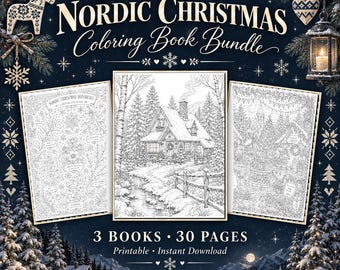 May include: A Nordic Christmas Coloring Book Bundle featuring three books and 30 pages. The cover displays the text Nordic Christmas Coloring Book Bundle, 3 Books, 30 Pages, Printable, Instant Download, with illustrations of a snowy cabin.